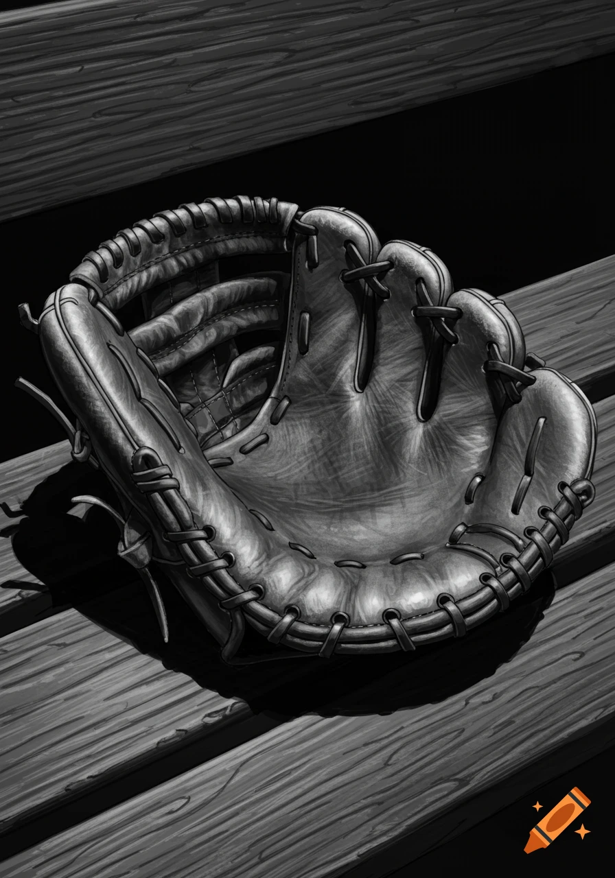 A black and white baseball glove rests on wooden planks.