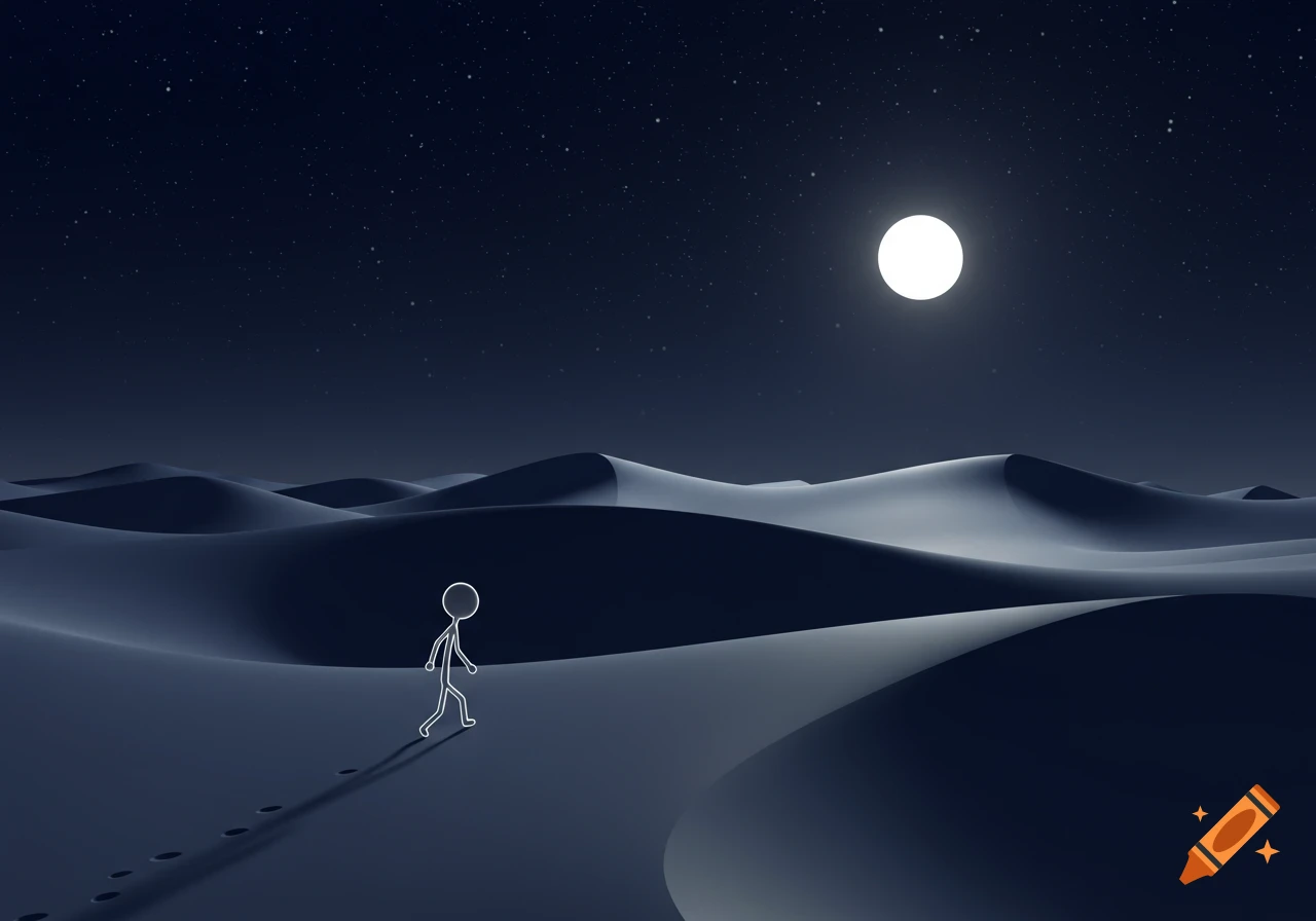 A minimalist stickman walks across desert dunes under a bright full moon and starry night sky.