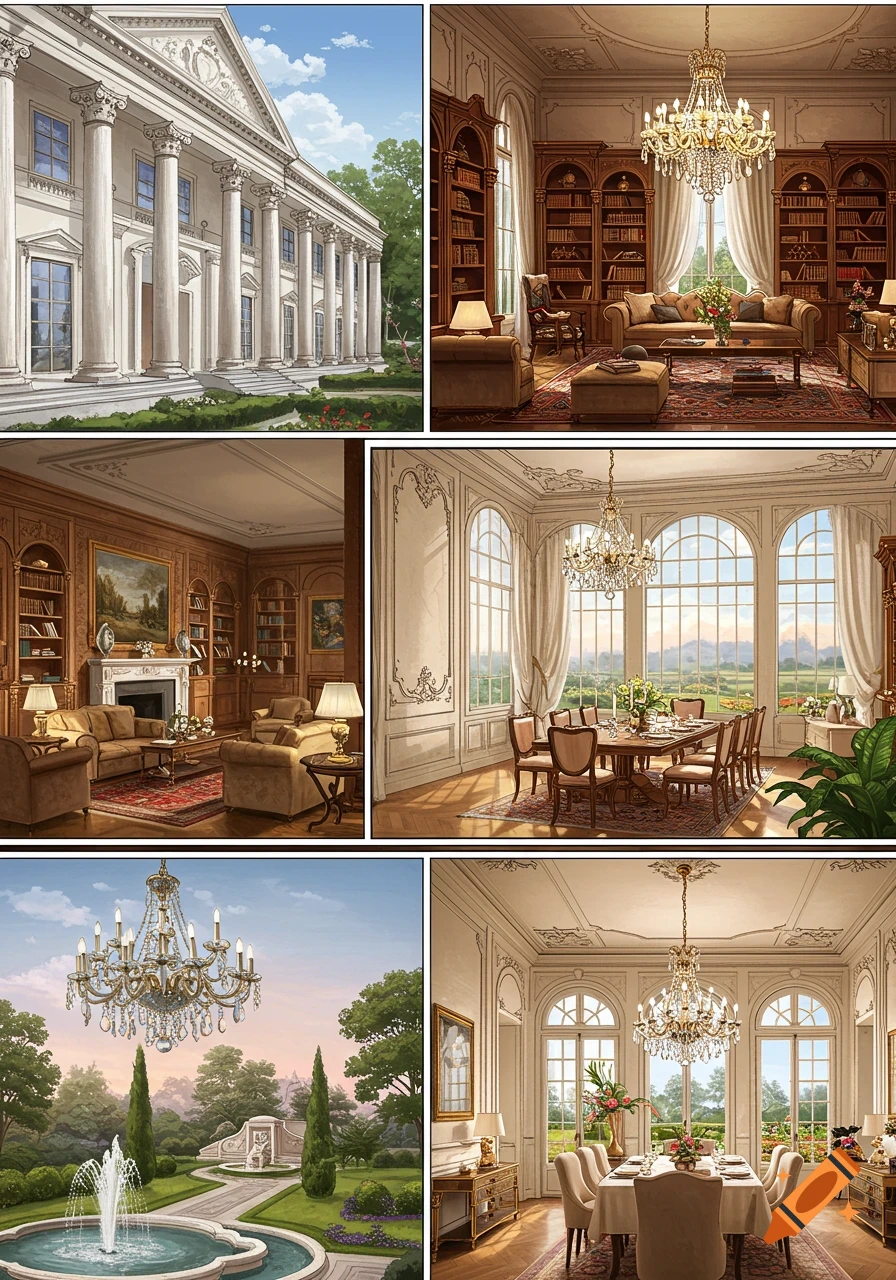 A collage of six images showing a grand classical mansion exterior, luxurious interior rooms with chandeliers, and a manicured garden with a fountain.