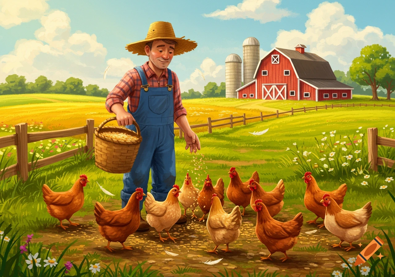 A cartoon farmer in a straw hat and overalls feeding a group of chickens on a sunny farm with a red barn and silos in the background.