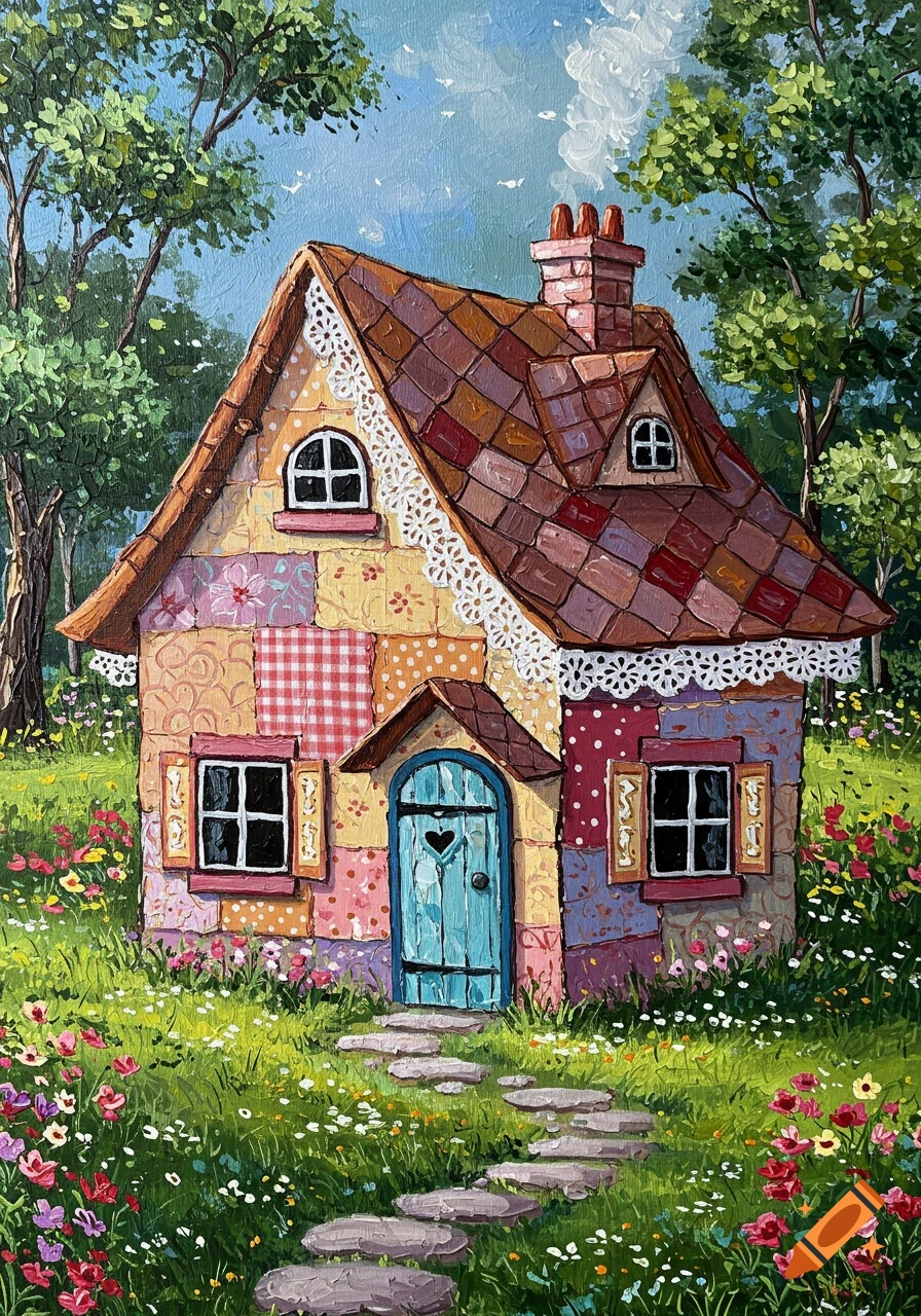 A whimsical patchwork cottage with a blue door and heart cutout, surrounded by a vibrant floral meadow under a blue sky, in an oil painting style.