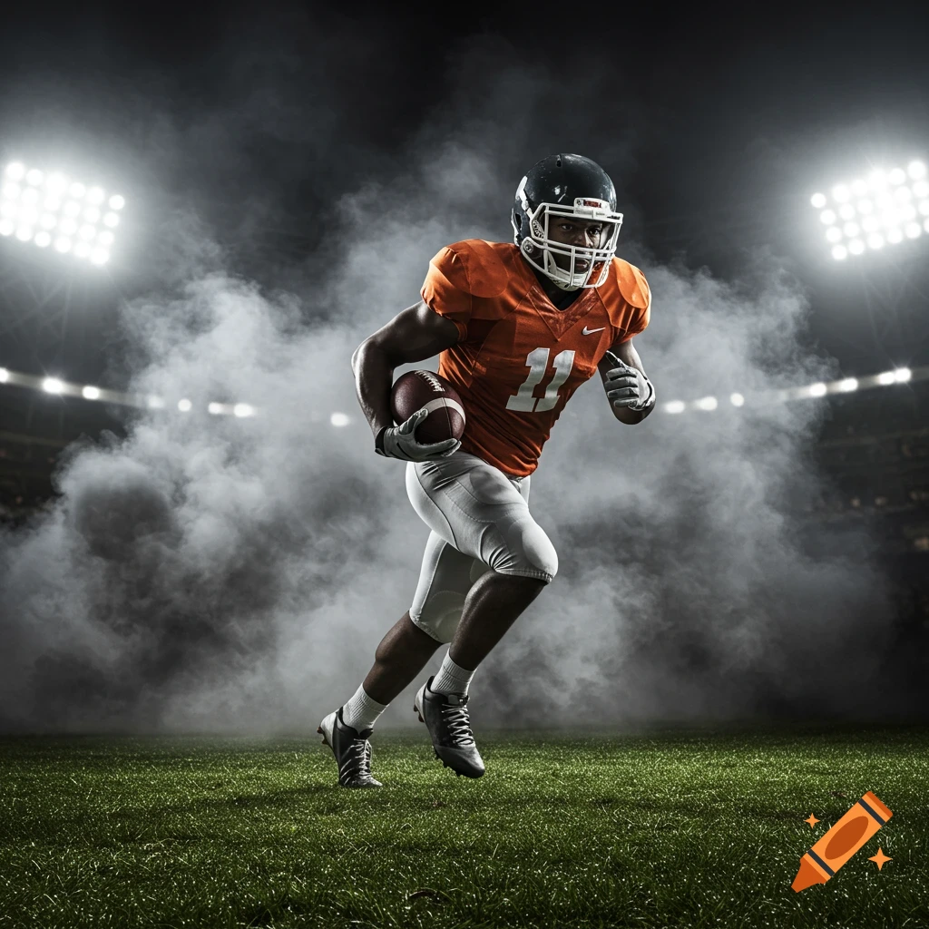 A photorealistic image of a football player in an orange jersey and white pants running with a football on a smoky field under stadium lights.
