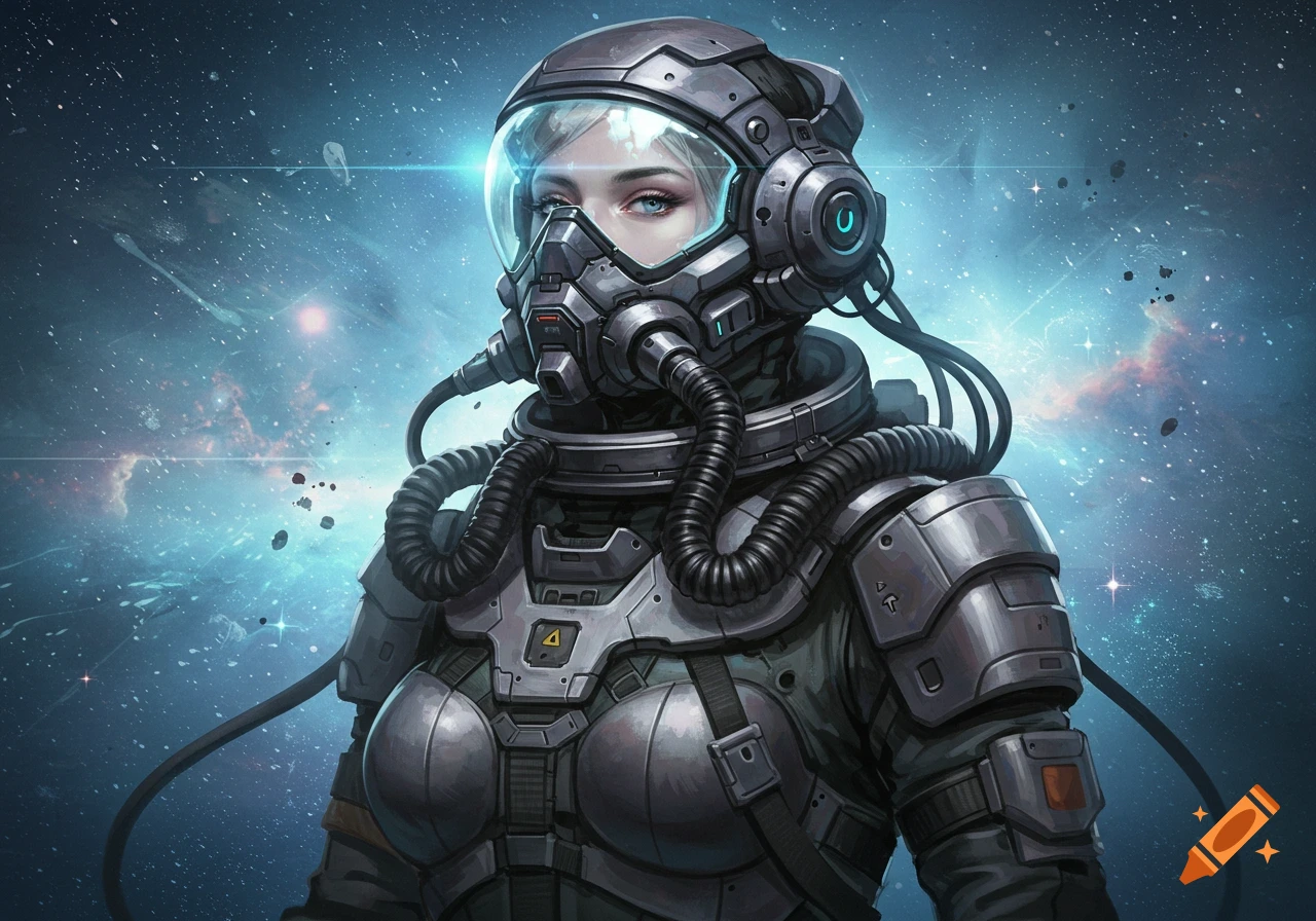 A woman in a futuristic, detailed space suit with a clear visor and oxygen mask stands against a vibrant blue galaxy background.