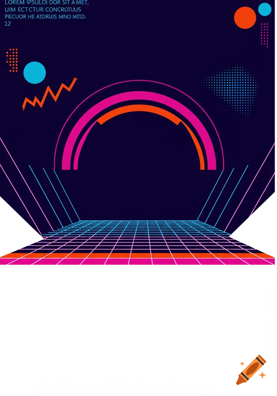 Abstract graphic in retro 80s style with bright neon lines forming a grid, a large pink and orange arch, and various geometric shapes on a dark blue background.