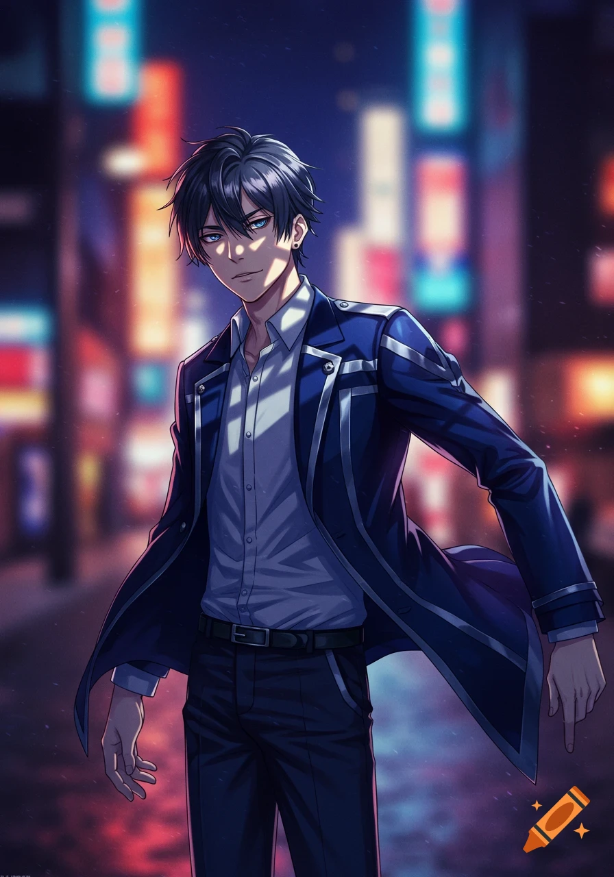 A male anime character with dark hair and blue eyes, wearing a white shirt and a blue suit jacket, stands in a neon-lit city at night.