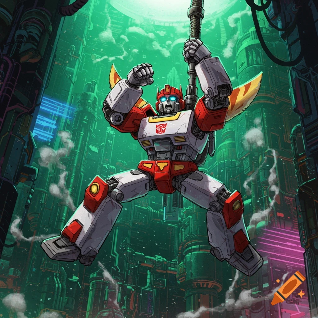 A red and white robot resembling G1 Ratchet swings from a pipe in a vibrant green futuristic city.