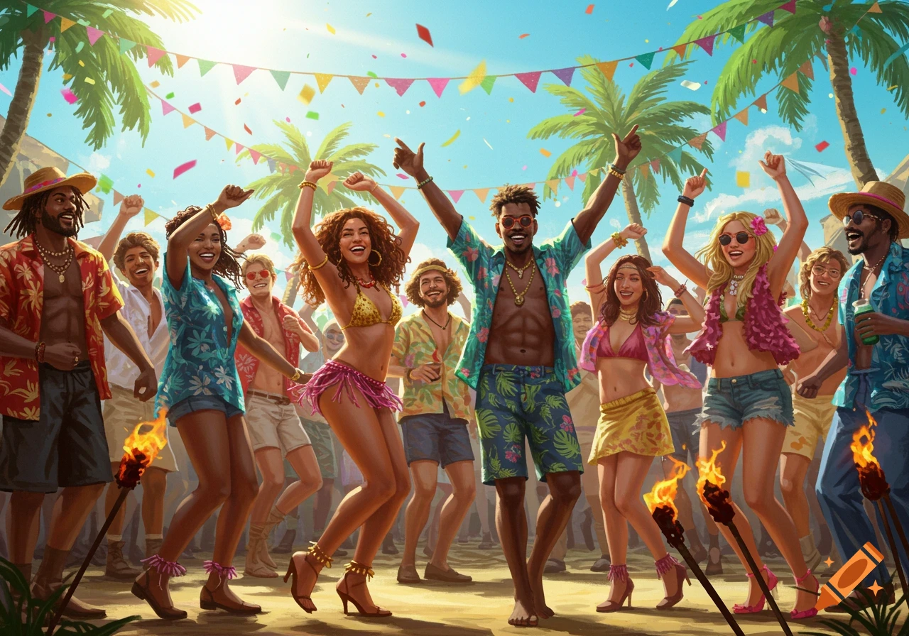 A vibrant group of diverse people dancing outdoors at a tropical celebration, with palm trees, confetti, and festive bunting under a bright sky.
