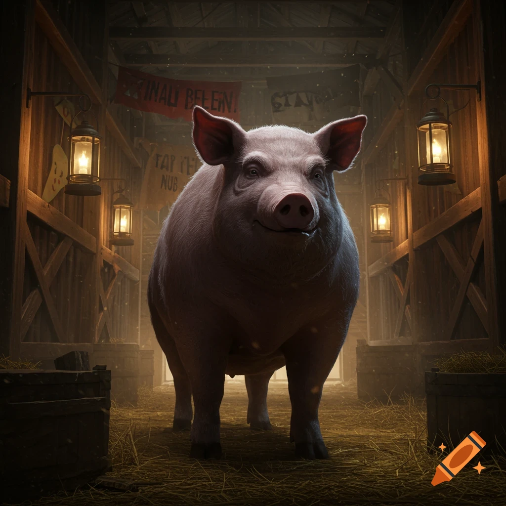 A large, realistic pig stands in a dimly lit barn with glowing lanterns and hay.