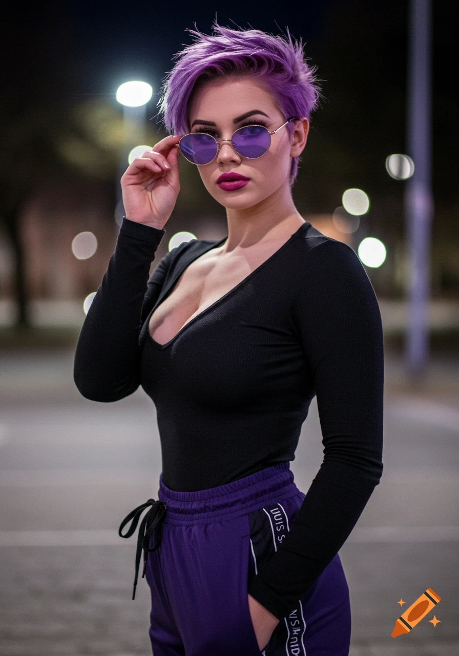 A photorealistic portrait of a woman with short purple hair and sunglasses, wearing a black long-sleeve shirt and purple pants at night.