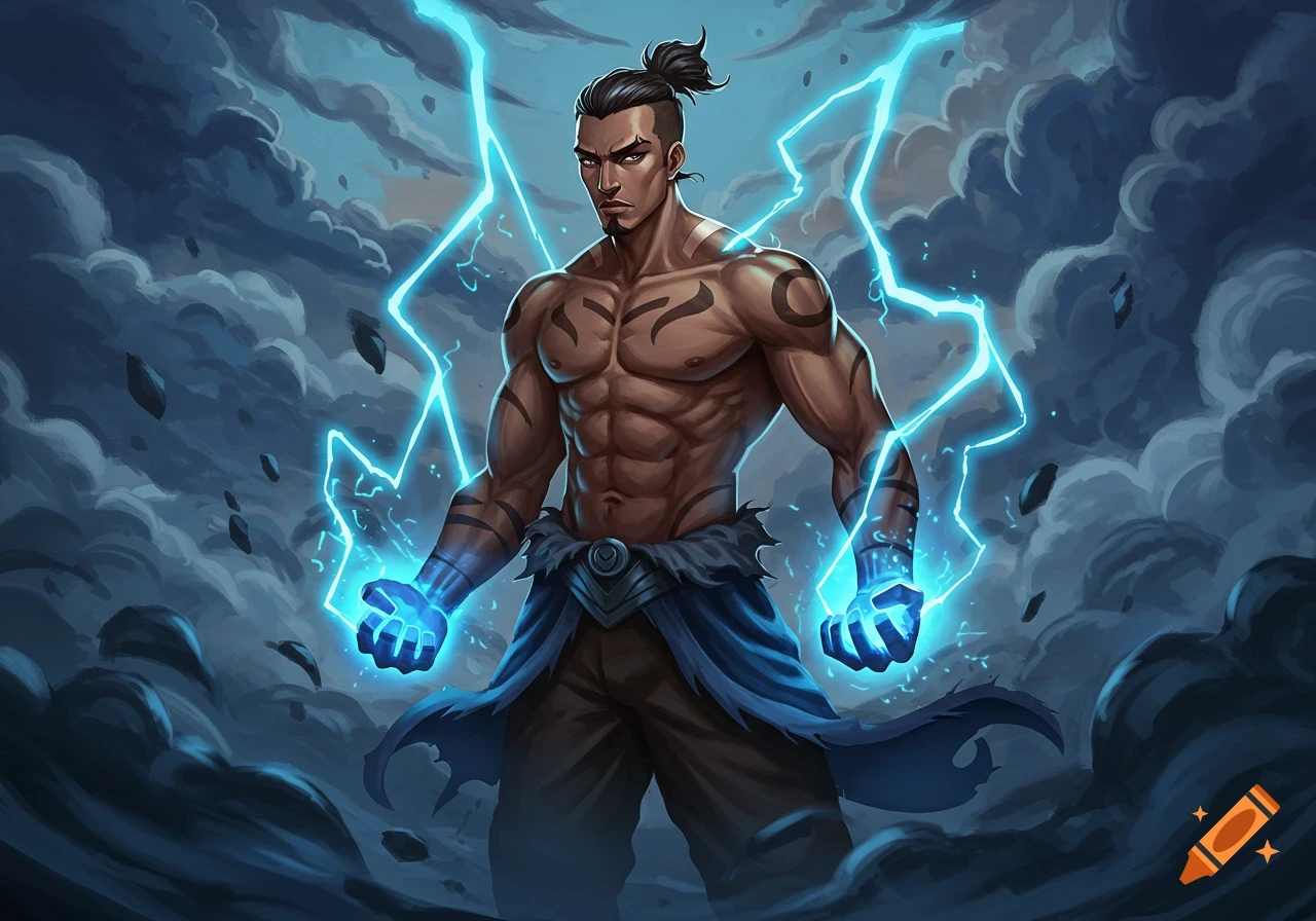 Anime style illustration of a powerful, muscular man with a manbun and tattoos, generating blue lightning and surrounded by stormy clouds.