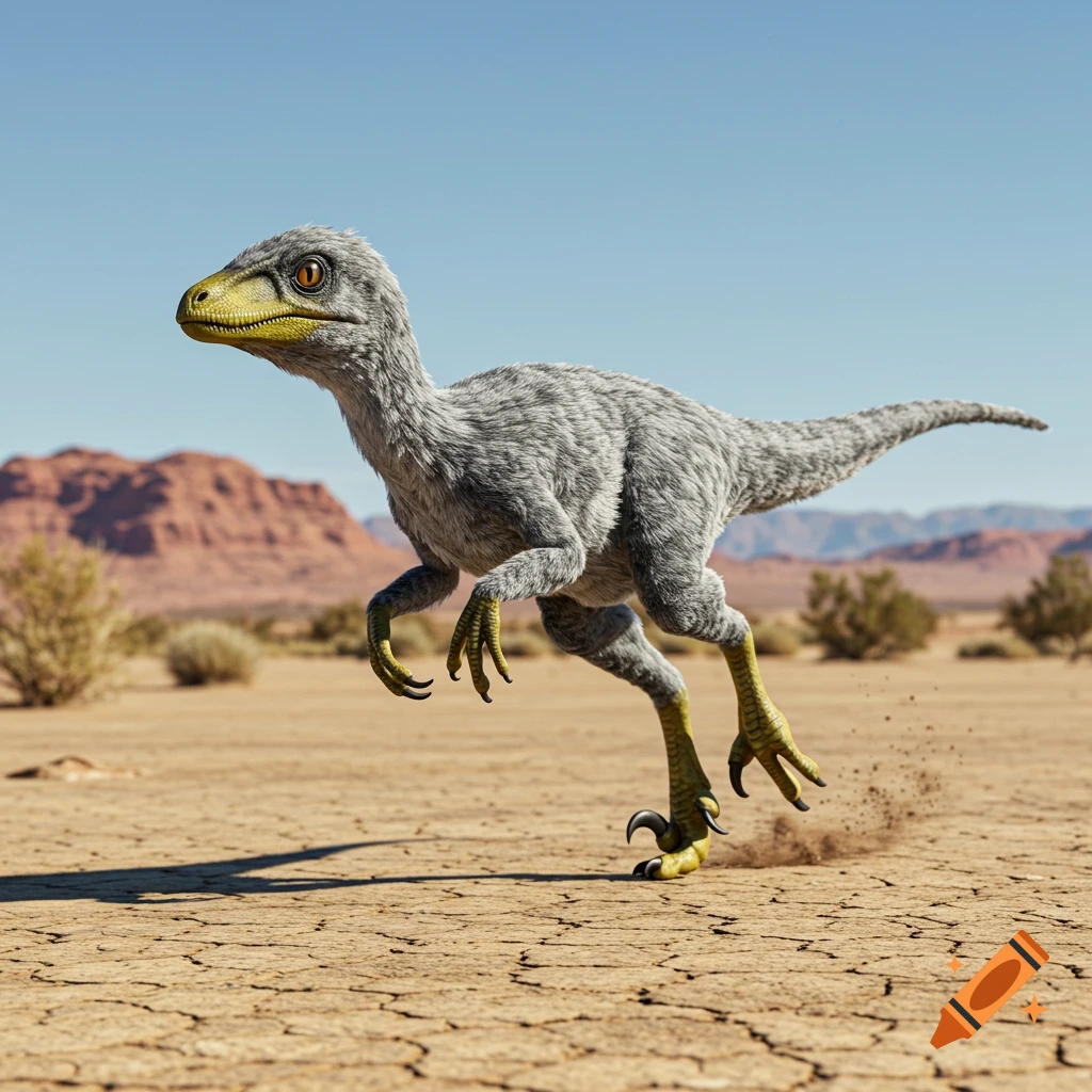 A grey feathered velociraptor with a yellow snout and feet runs across a cracked desert landscape with red mountains in the background.