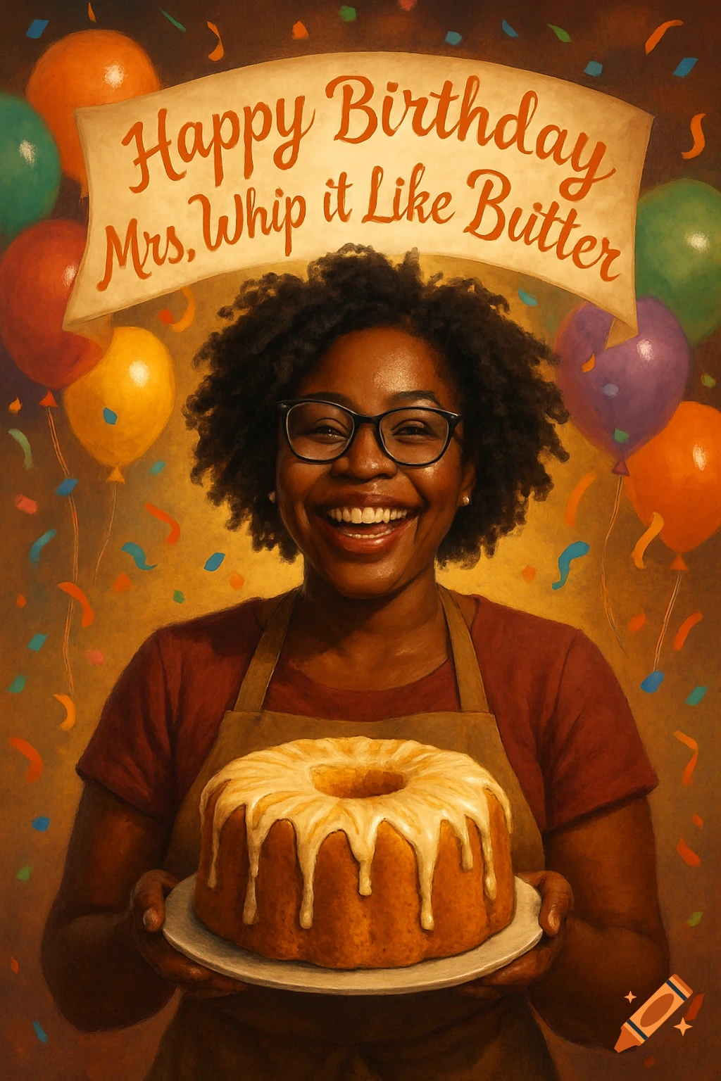A painted illustration of a smiling Black woman in glasses and an apron holding a bundt cake with icing. Balloons, confetti, and a "Happy Birthday Mrs. Whip it Like Butter" banner are in the background.