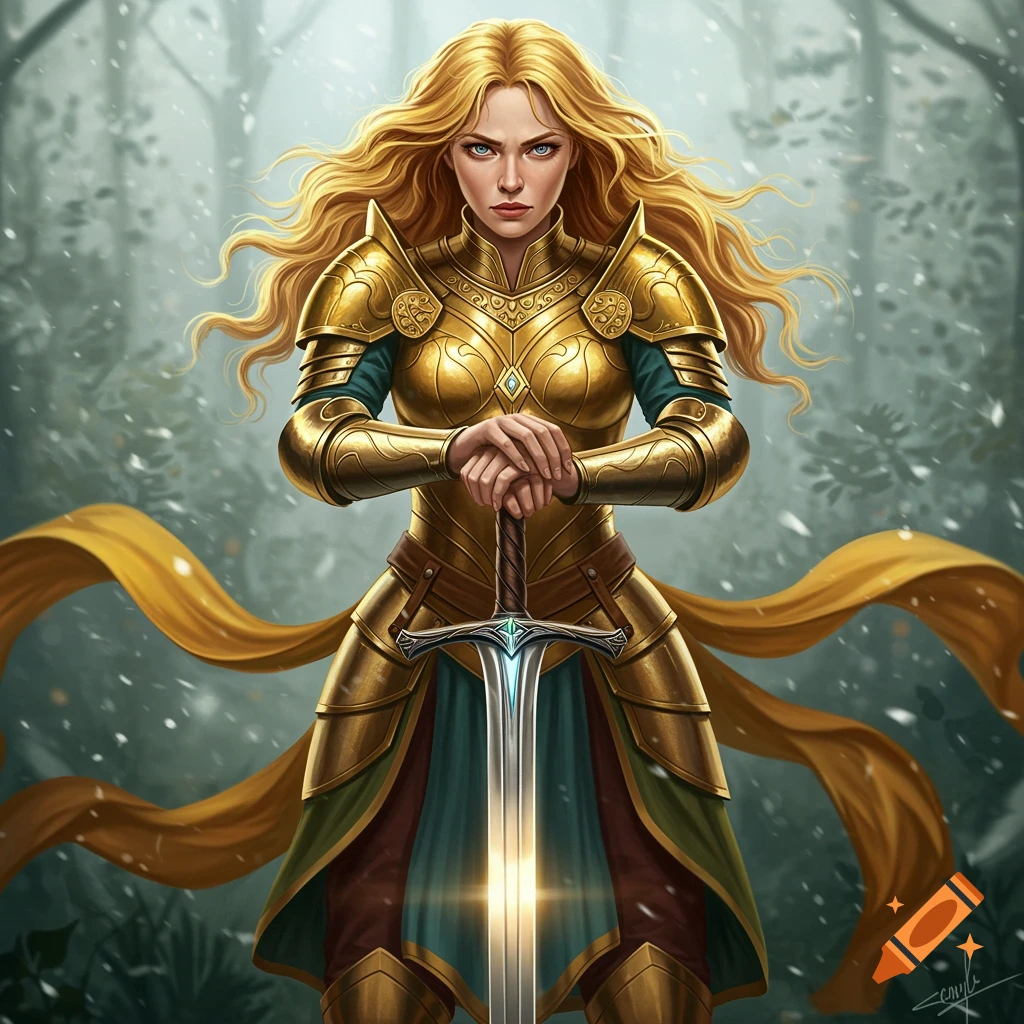A fierce blonde warrior in golden armor holds a sword in a misty forest.