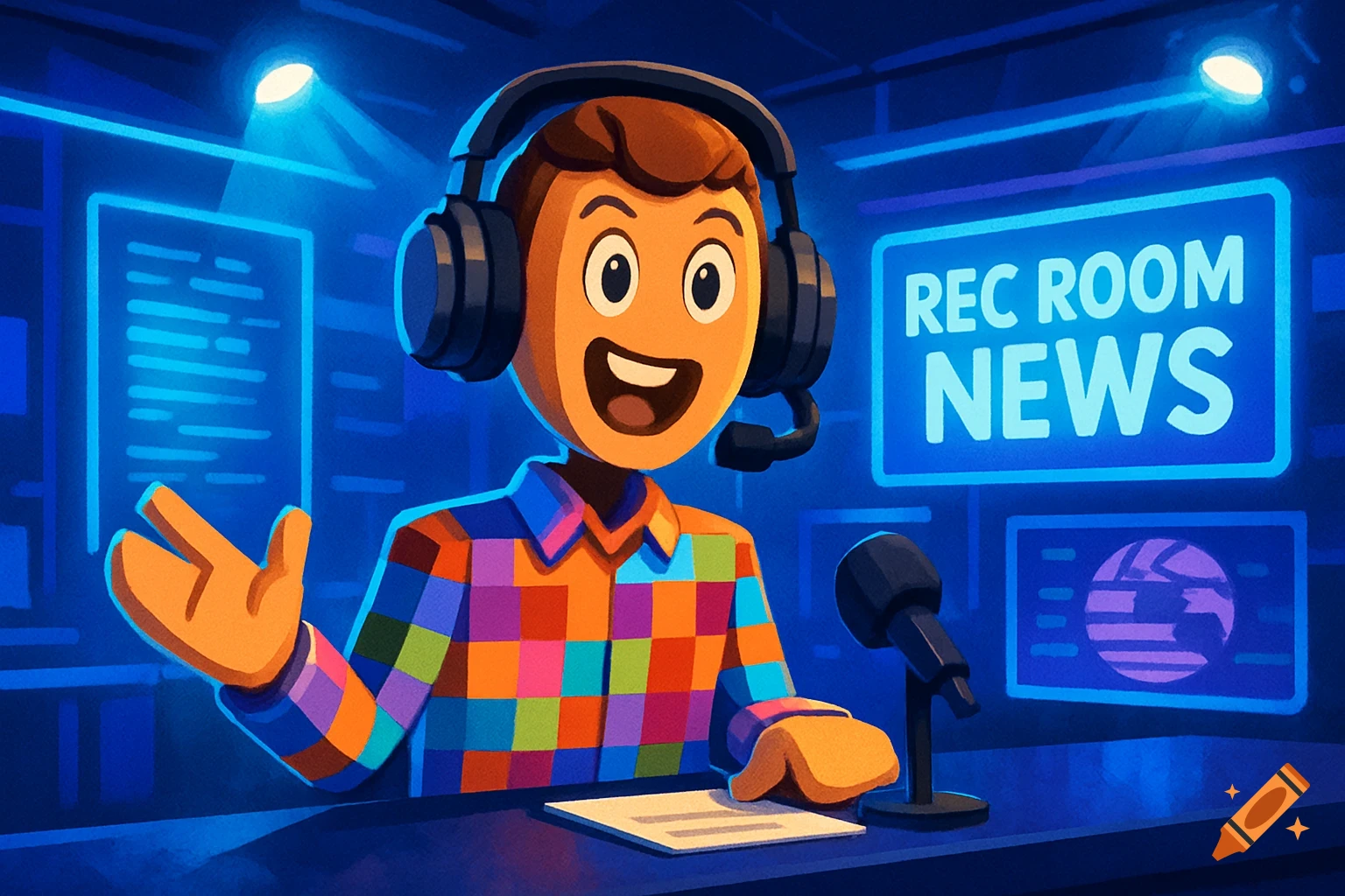 A vibrant cartoon character with a checkered shirt and headphones reporting news in a studio with 'REC ROOM NEWS' on screen.