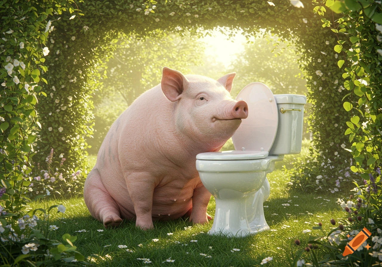 A large, photorealistic pink pig sits on green grass next to a white toilet under a sunlit archway of green vines and white flowers.