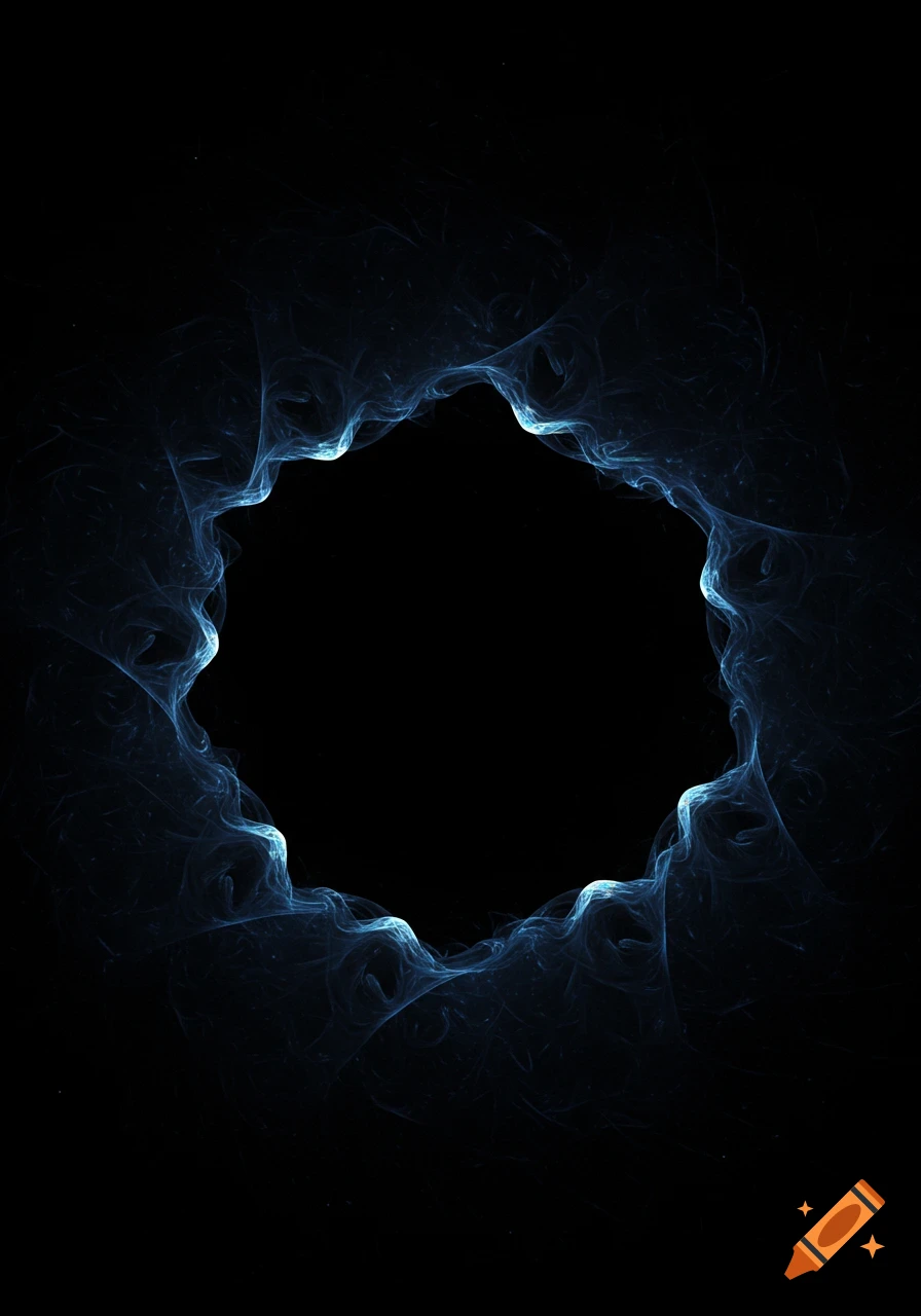 An abstract image showing a dark, circular void framed by swirling, light blue and white smoke or energy against a black background.
