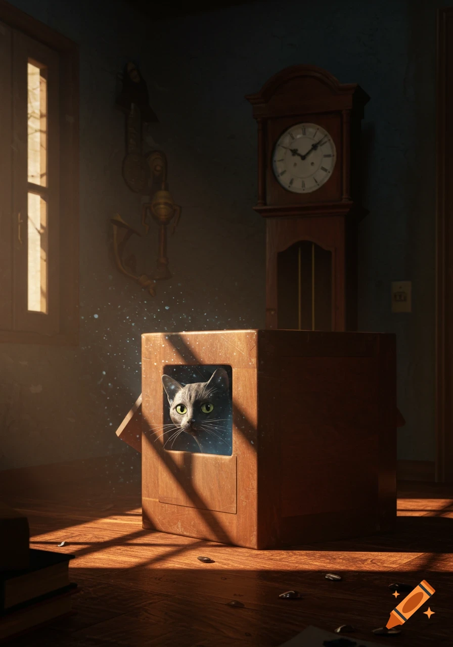 A gray cat looks out from a square hole in a wooden box, with a starry background visible behind it, in a dimly lit room with sunbeams.