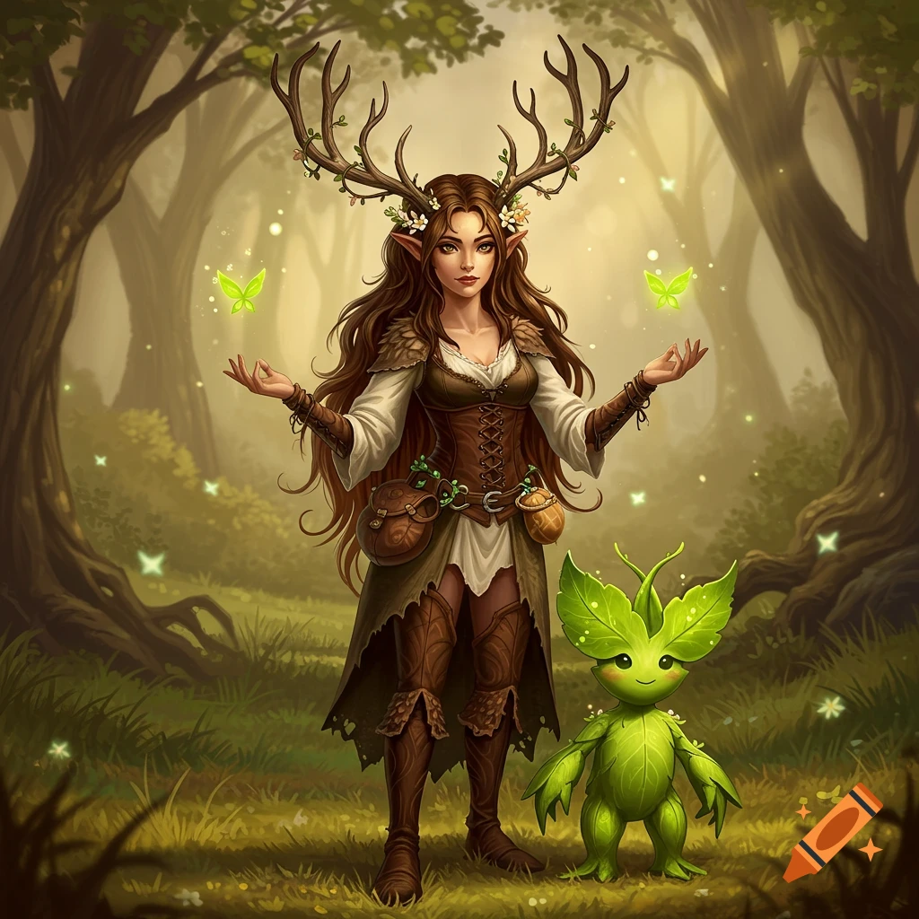 A female druid with antlers and long brown hair stands in a forest with a small green plant creature, surrounded by glowing butterflies.