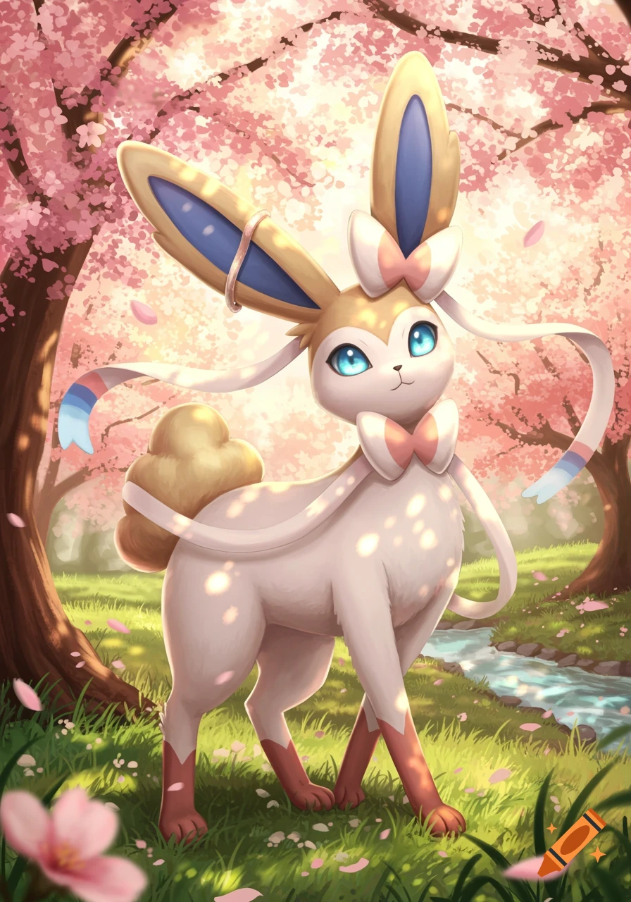 A cute white and tan Sylveon-Lopunny fursona stands in a vibrant cherry blossom field with a stream.