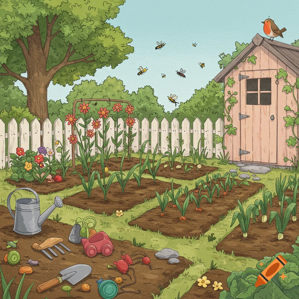 A charming children's book illustration of a vibrant garden with a picket fence, shed, flowers, plants, tools, bees, and a robin.