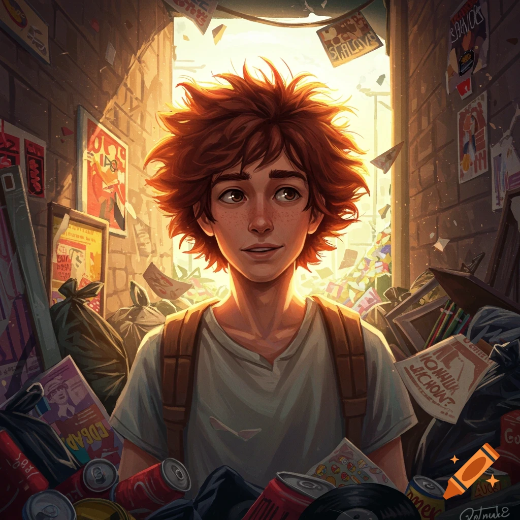 A vibrant illustration of a young boy with fluffy red hair and a backpack standing in a sunny alley filled with trash and old posters.