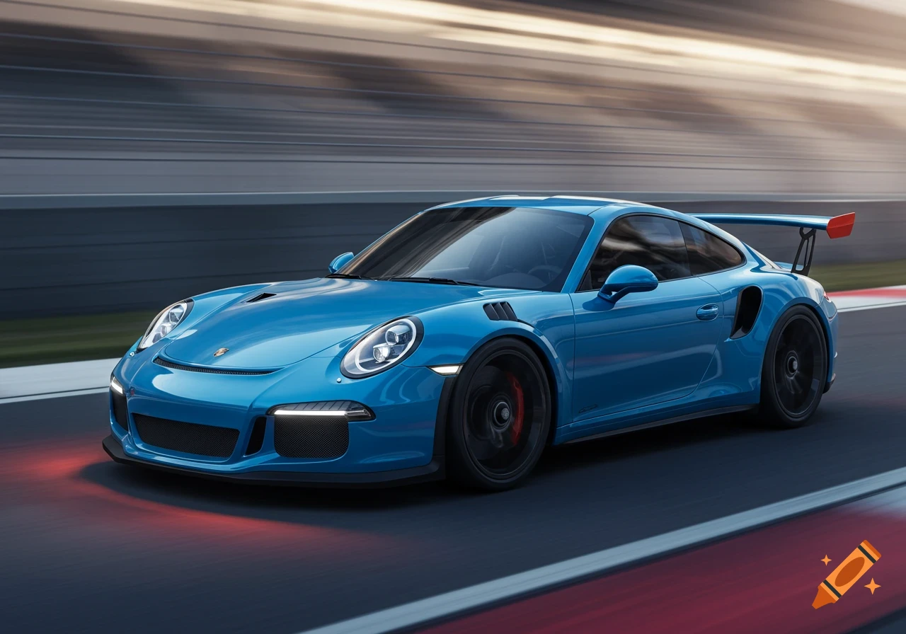 A bright blue Porsche GT3 RS sports car races on a track with motion blur.