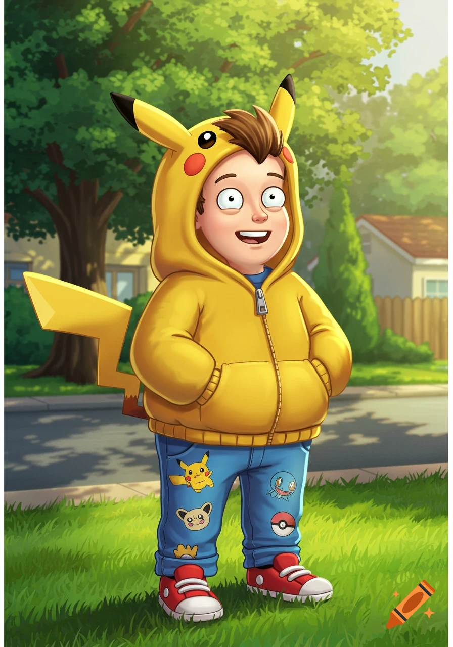 A smiling cartoon boy in a yellow Pikachu hoodie and blue jeans with Pokemon patches stands on grass.