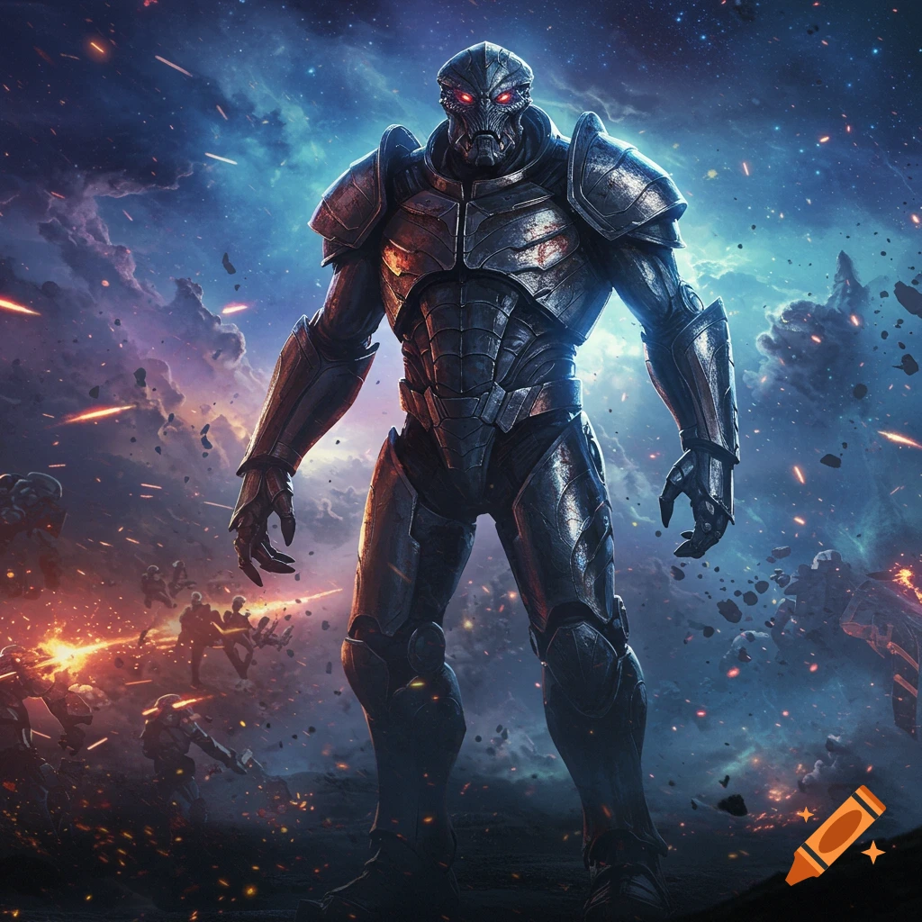 A menacing, heavily armored alien with glowing red eyes stands on a battlefield with explosions and debris in a science fiction art style.