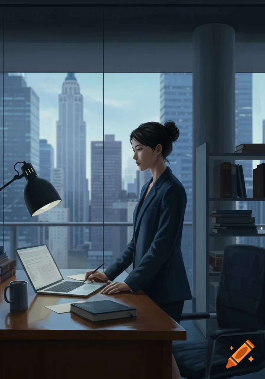A professional woman in a dark suit stands at an office desk, writing on paper with a pen, looking at a laptop screen. A city skyline is visible through the large window behind her.