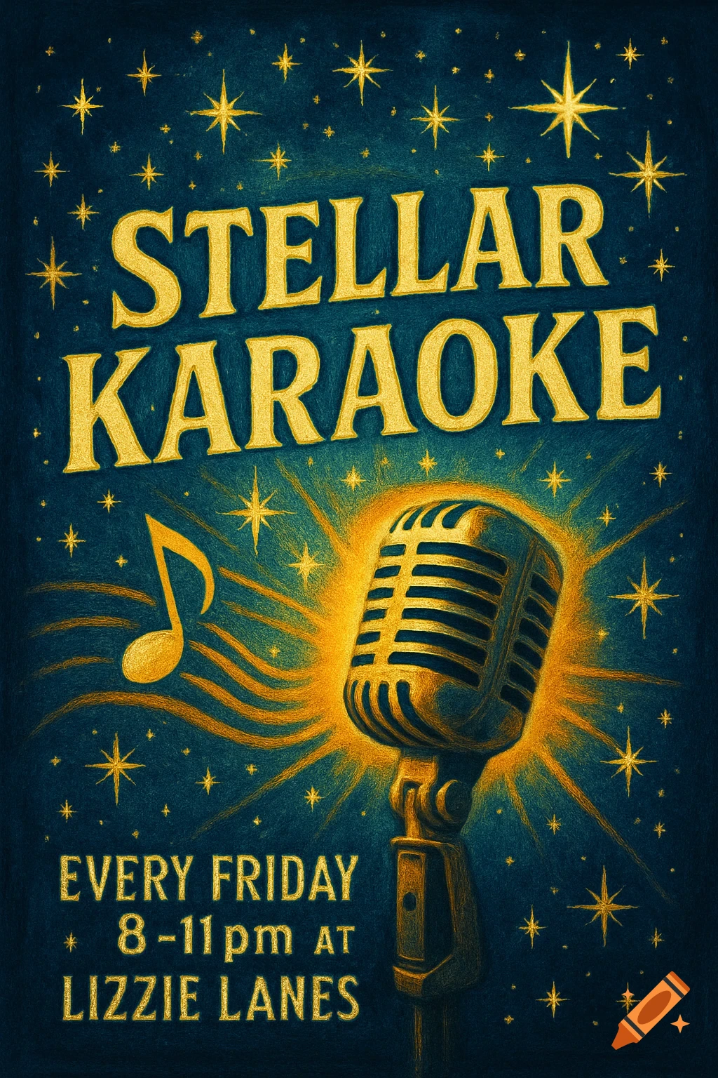 A vintage-style poster for "Stellar Karaoke" with a golden microphone, musical note, and stars against a dark blue background.
