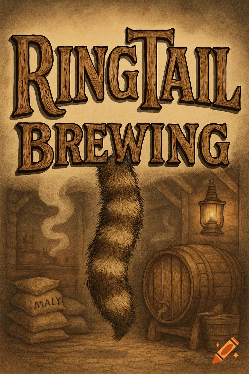 Vintage style illustration of a 'RINGTAIL BREWING' logo with a raccoon tail, barrels, and sacks in a brewery setting.