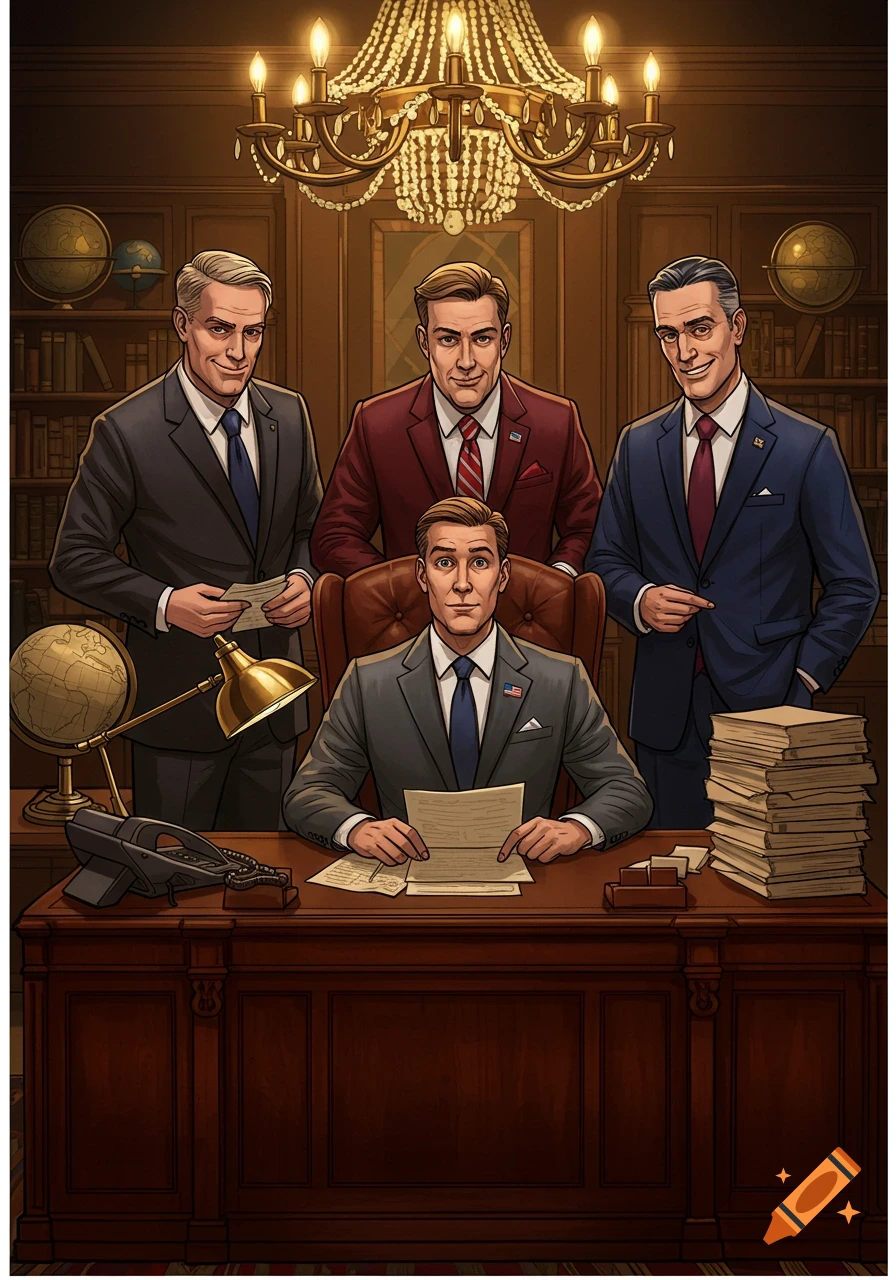 An illustration of four men in suits in a wood-paneled office with a chandelier, one seated at a desk with papers, three standing behind him.