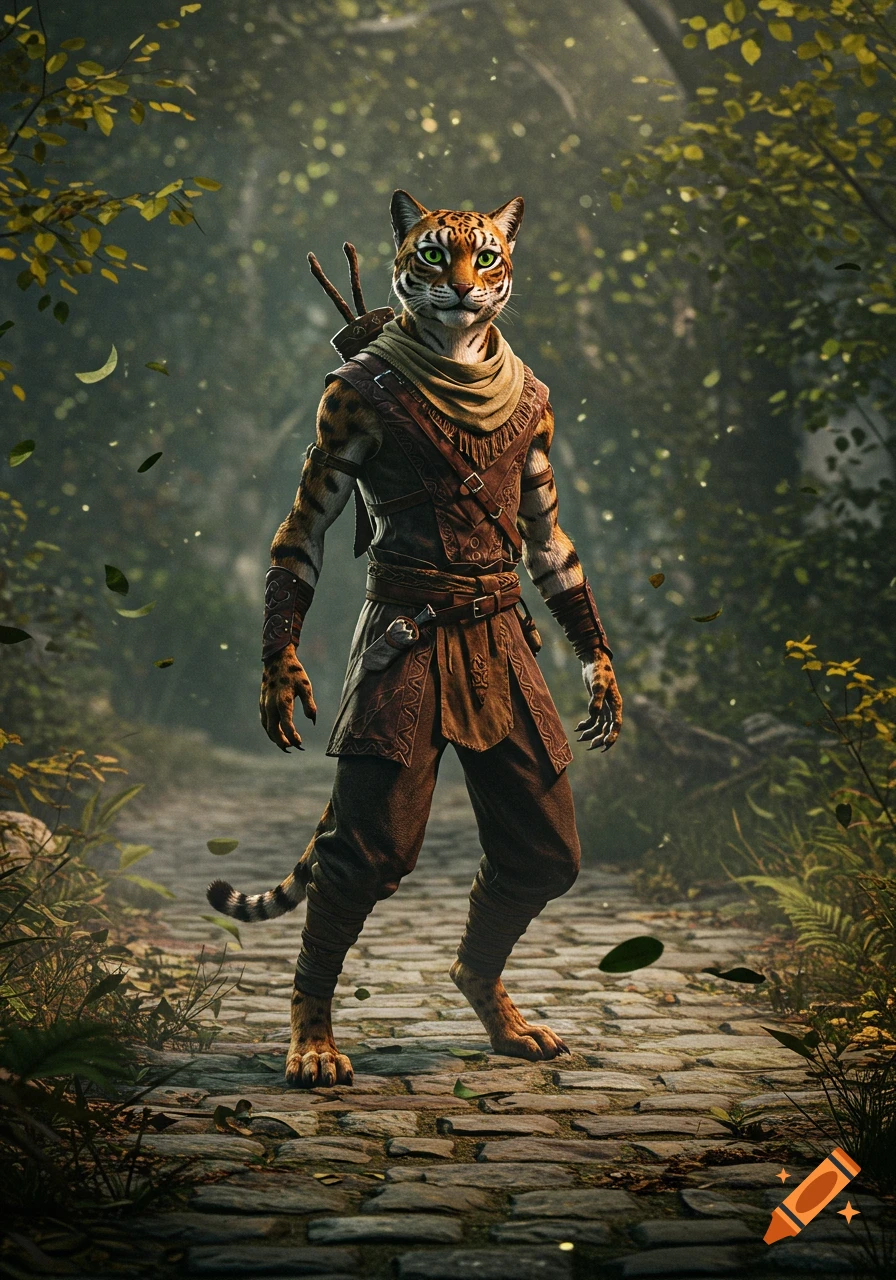 A realistic bipedal tiger-like fantasy character in brown armor stands on a stone path in a misty green forest.