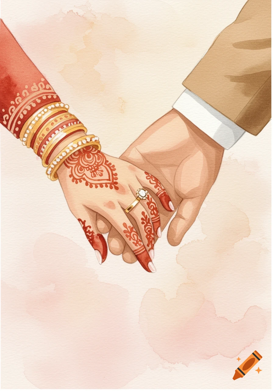 A watercolor painting showing a bride's hand with henna and a wedding ring, holding a groom's hand.