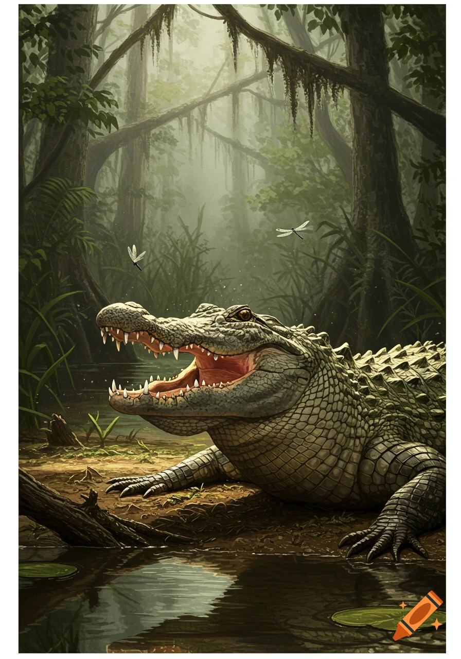 An alligator with an open mouth and visible teeth sits by water in a misty swamp with trees and dragonflies, in a detailed illustration.