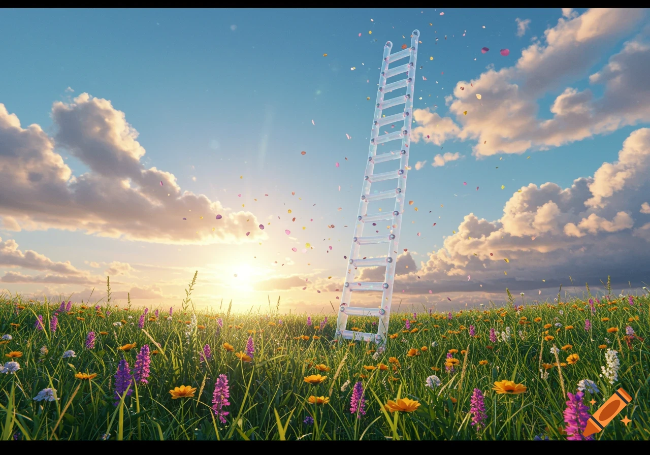 A tall, translucent ladder stands in a vibrant field of colorful wildflowers under a bright sunset sky with confetti-like petals falling.