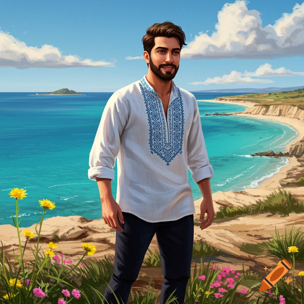 A bearded man in a white shirt with blue embroidery stands on a cliff overlooking a sunny turquoise beach.