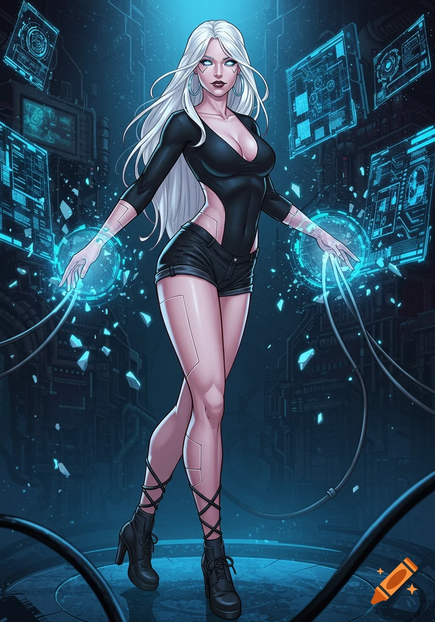 A long white-haired woman with glowing blue eyes in a black top and shorts stands amidst glowing blue futuristic interfaces in a comic art style.