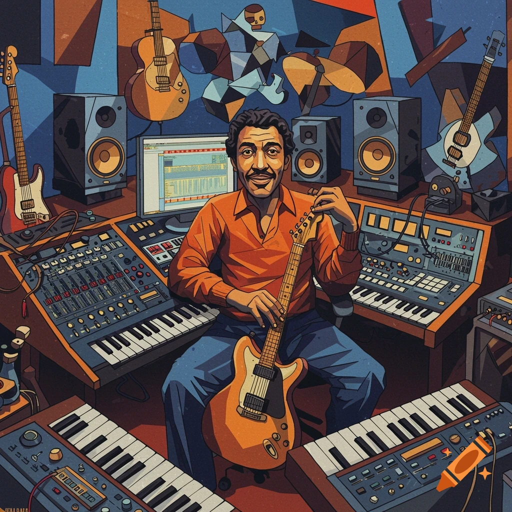 A man in a vibrant, cubist-style art studio, surrounded by guitars, keyboards, speakers, and recording equipment, smiling while holding an electric guitar.