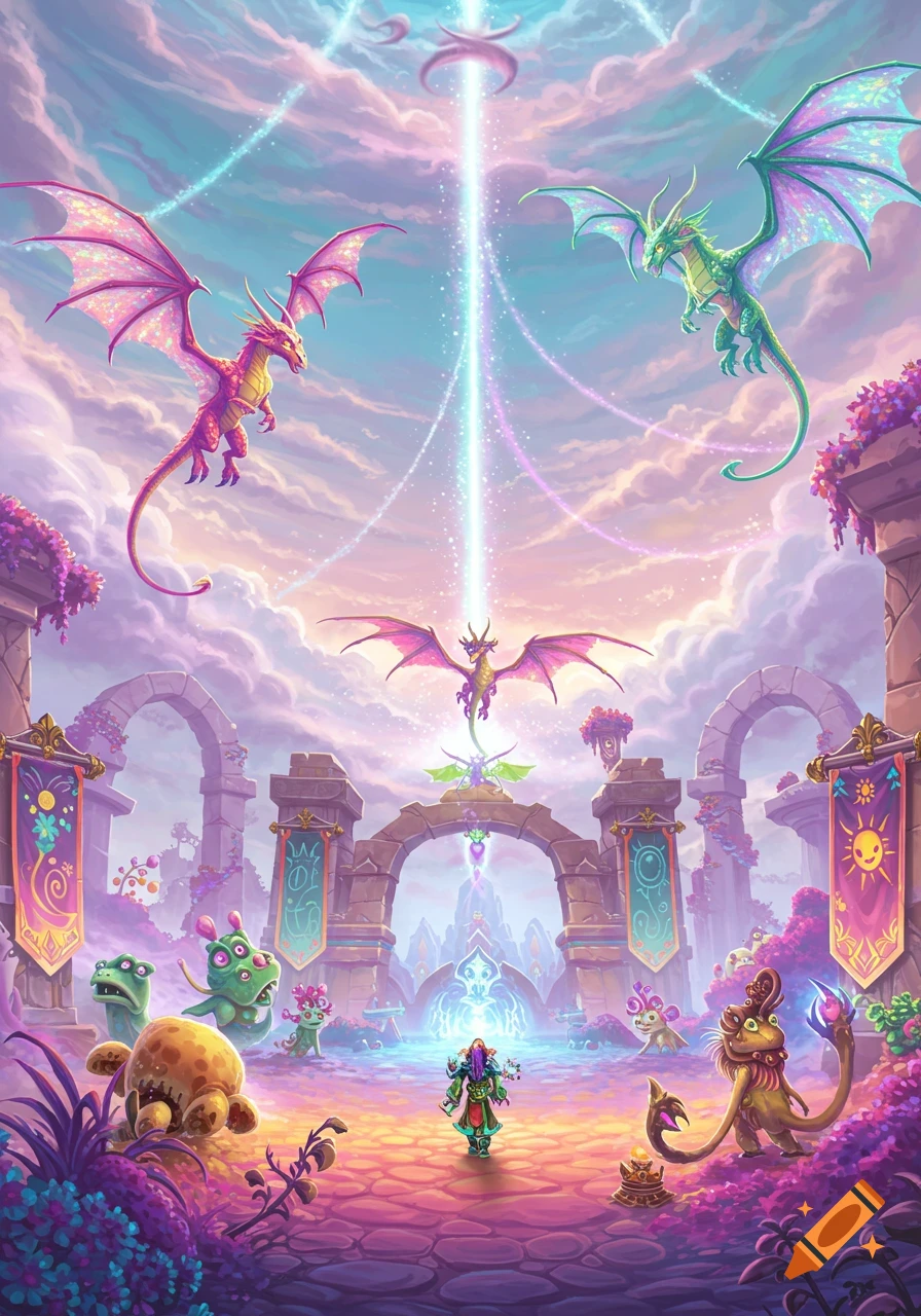 Vibrant fantasy illustration with colorful dragons flying over a magical realm, featuring arches, whimsical creatures, and a bright light beam.