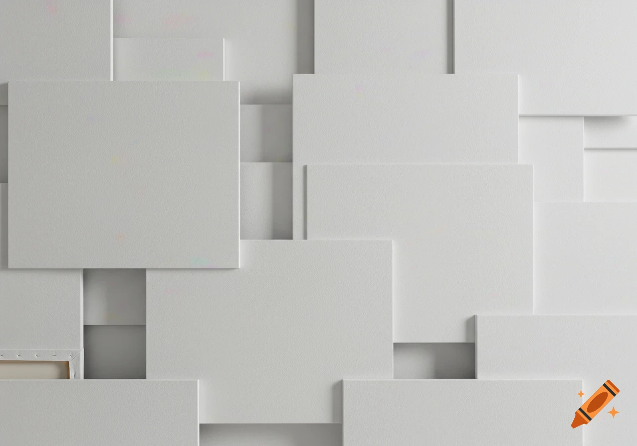 A clean, bright abstract collage of multiple blank white canvases of various rectangular sizes and angles creating a textured background.