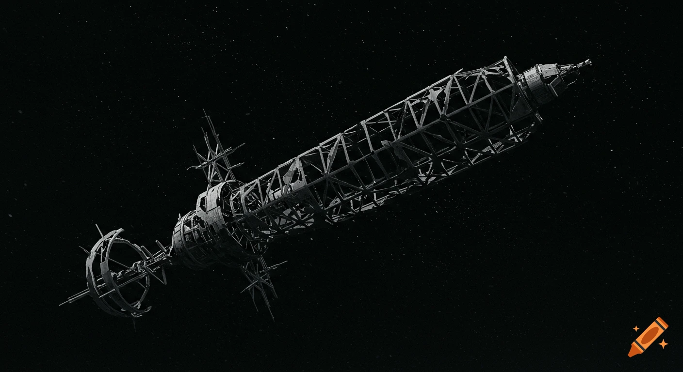 A monochromatic image of a large, skeletal spacecraft adrift in the vast, star-speckled blackness of space.
