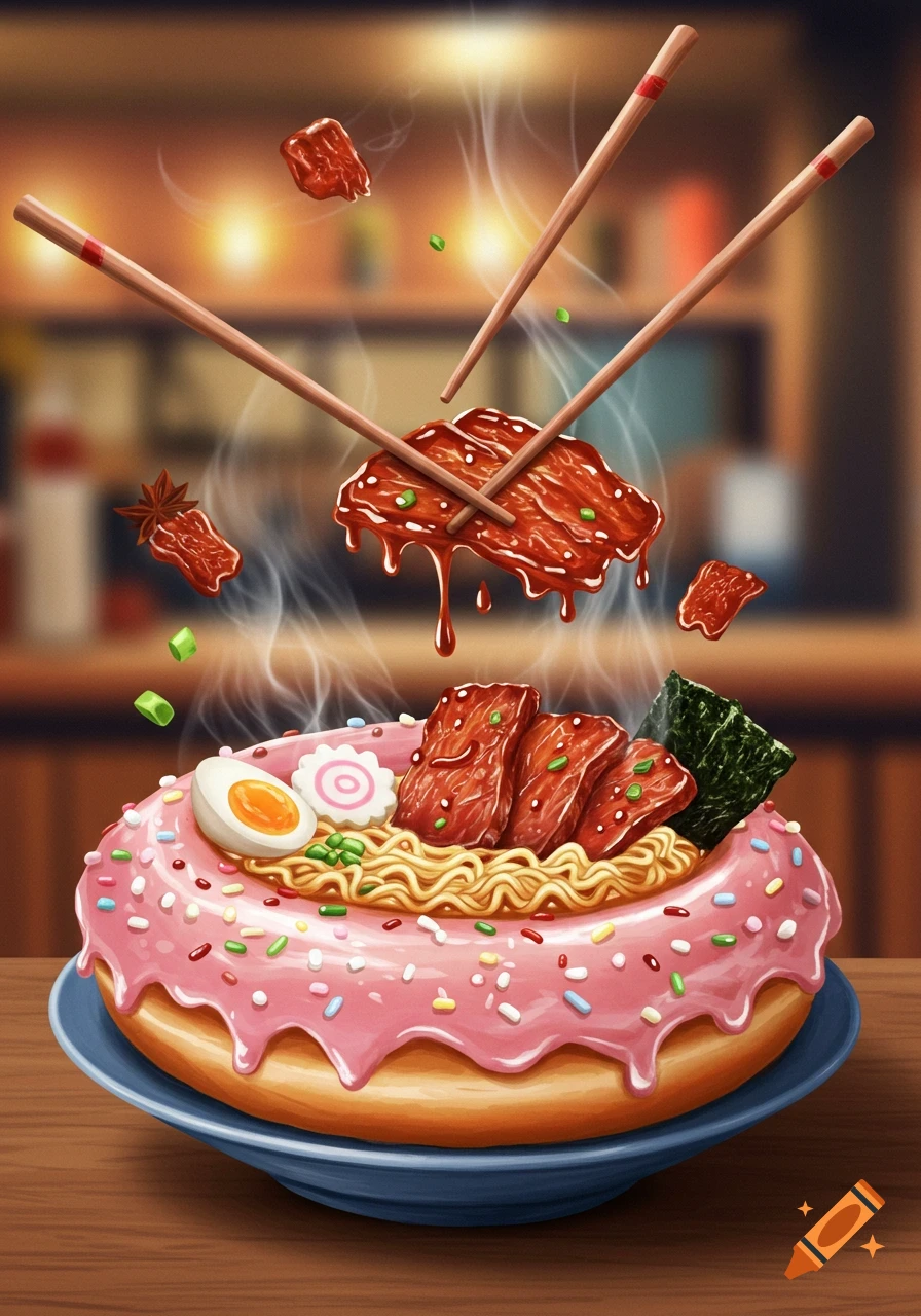 A whimsical illustration of a ramen dish served inside a pink frosted donut with sprinkles, with chopsticks holding up pieces of jerky above it.