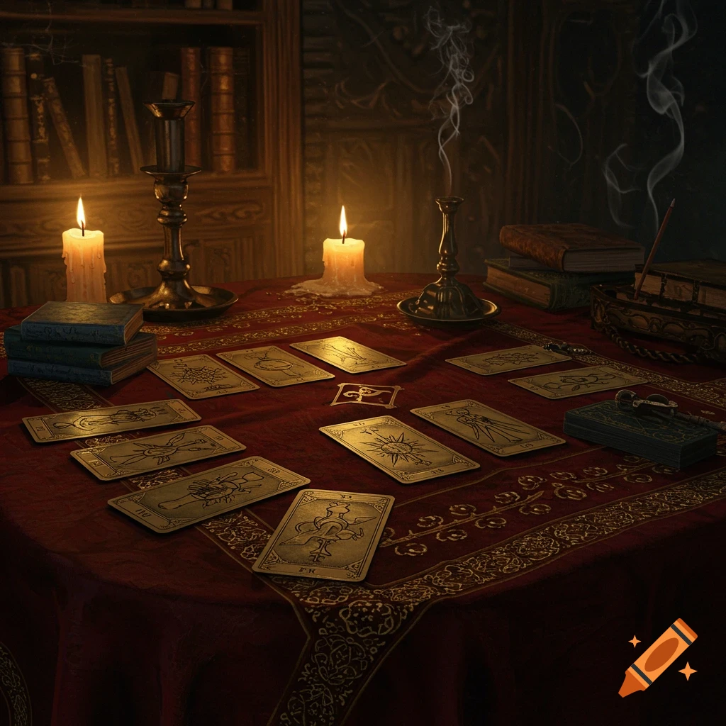 Tarot cards spread on a red, ornate table cloth, illuminated by two candles in a dimly lit, mystical room with books.