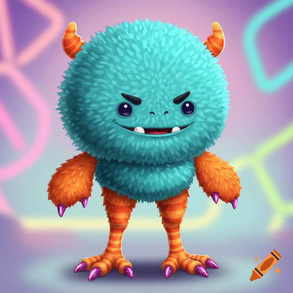 A cute, fluffy teal monster with orange striped chicken legs, pink glitter nails, and short orange arms, smiling with two sharp teeth.