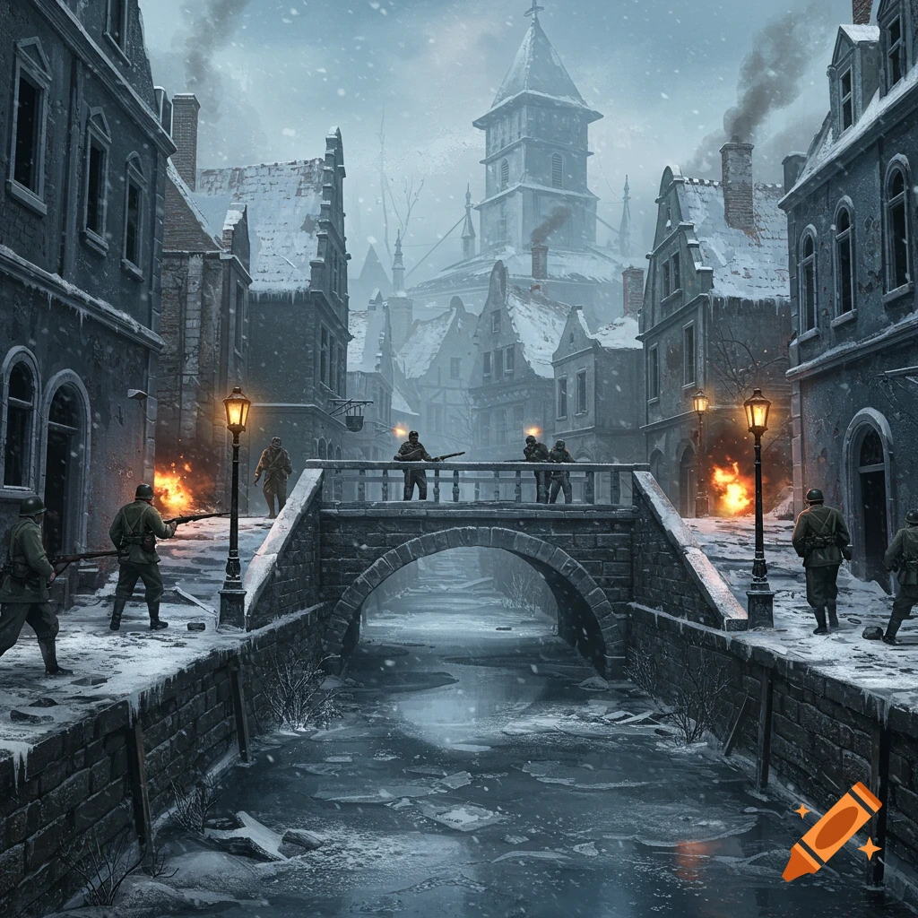Soldiers engage in combat on a snowy bridge over a frozen canal in a war-torn European town, with explosions and a looming cathedral in the background.