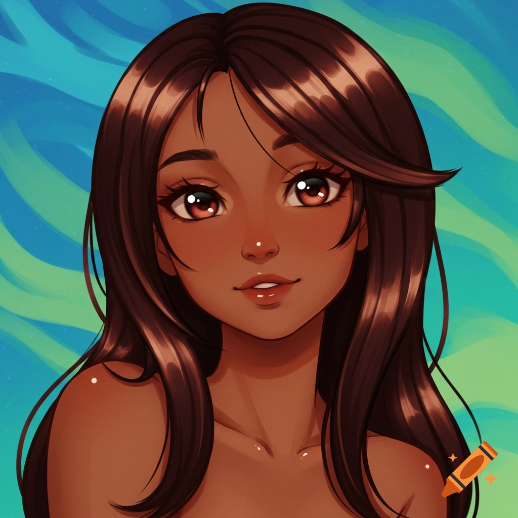 Anime-style portrait of a girl with dark skin and long brown hair against a wavy blue and green background.