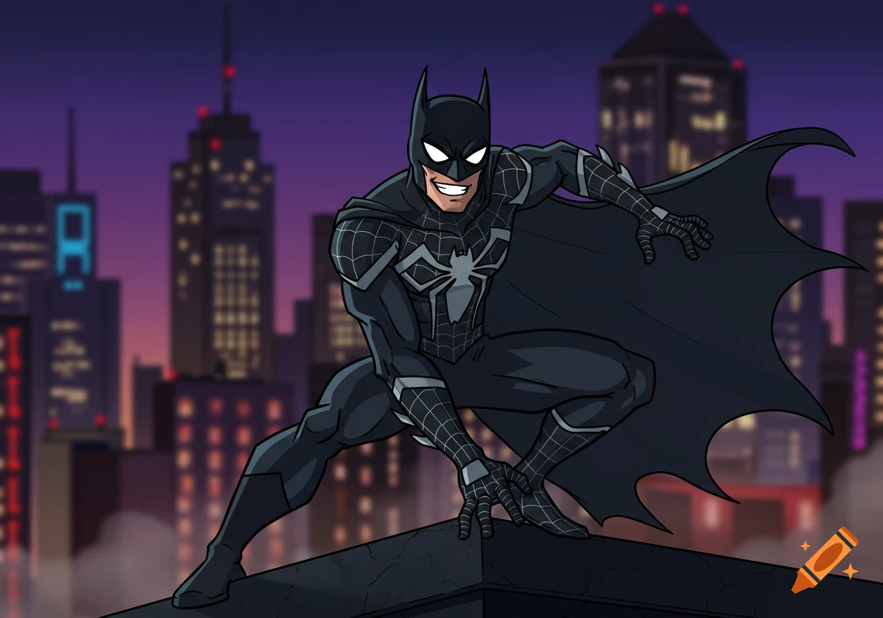 A cartoon superhero, a mix of Batman and Spider-Man, in a black suit with a white spider symbol, crouches on a rooftop at night with city buildings.