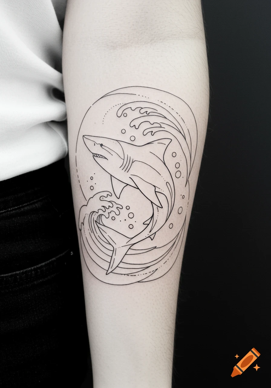 A simple black and white linework tattoo of a shark leaping over waves, on an arm.