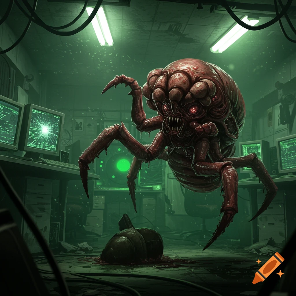 A grotesque spider-like creature with red eyes hovers in a green-lit, blood-stained server room with broken computer monitors.